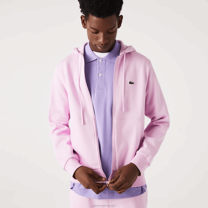 hombres Lacoste 6F241149 rosa z4h sudadera con cremallera y bolsillo canguro