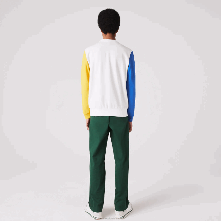 hombres Lacoste 6F241159 blanco azul amarillo verde 8nr sudadera con cuello redondo y diseño colour block