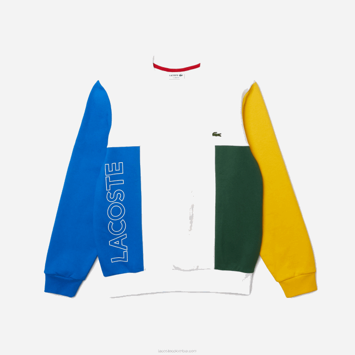 hombres Lacoste 6F241159 blanco azul amarillo verde 8nr sudadera con cuello redondo y diseño colour block
