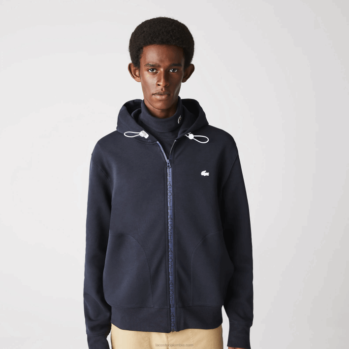 hombres Lacoste 6F241177 fondo azul marino sudadera con cremallera y capucha en mezcla de algodón