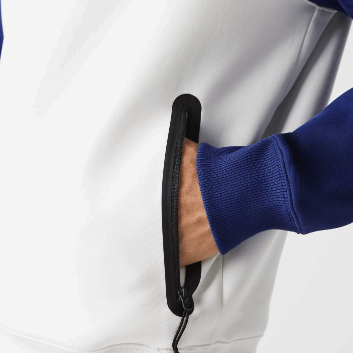 hombres Lacoste 6F241190 eme blanco azul sudadera bicolor con capucha y bolsillo con cremallera en contraste