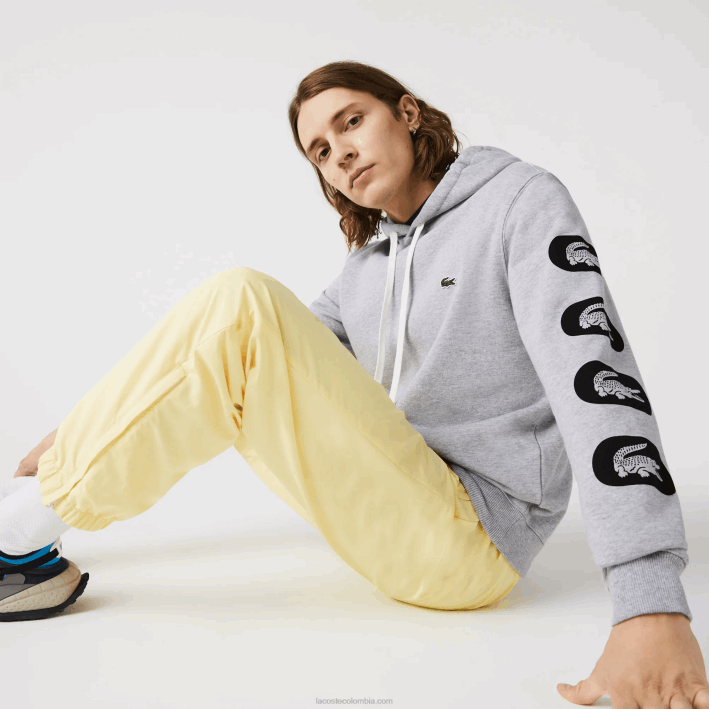 hombres Lacoste 6F241200 cca gris sudadera con capucha y mangas estampadas