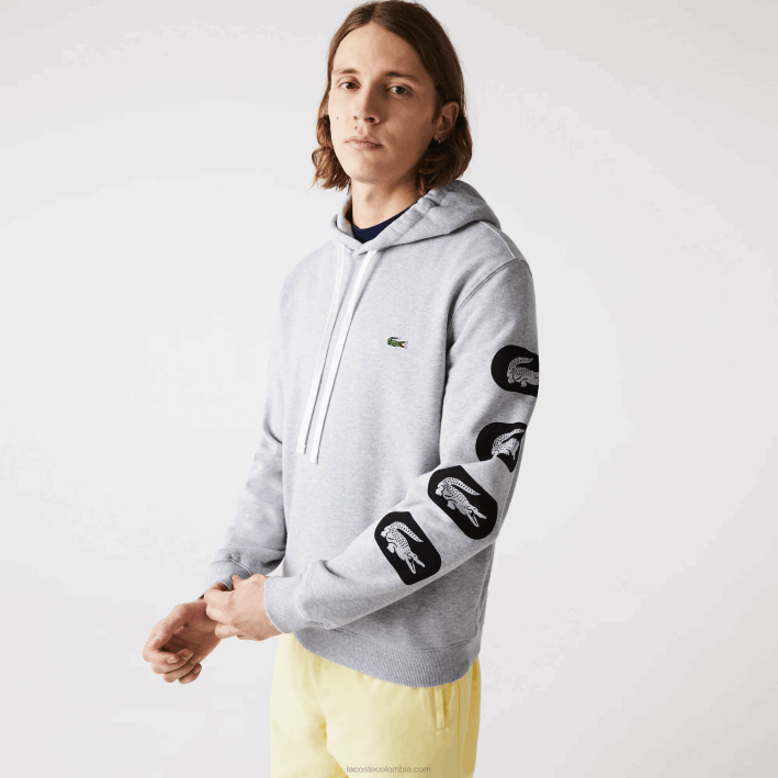 hombres Lacoste 6F241200 cca gris sudadera con capucha y mangas estampadas