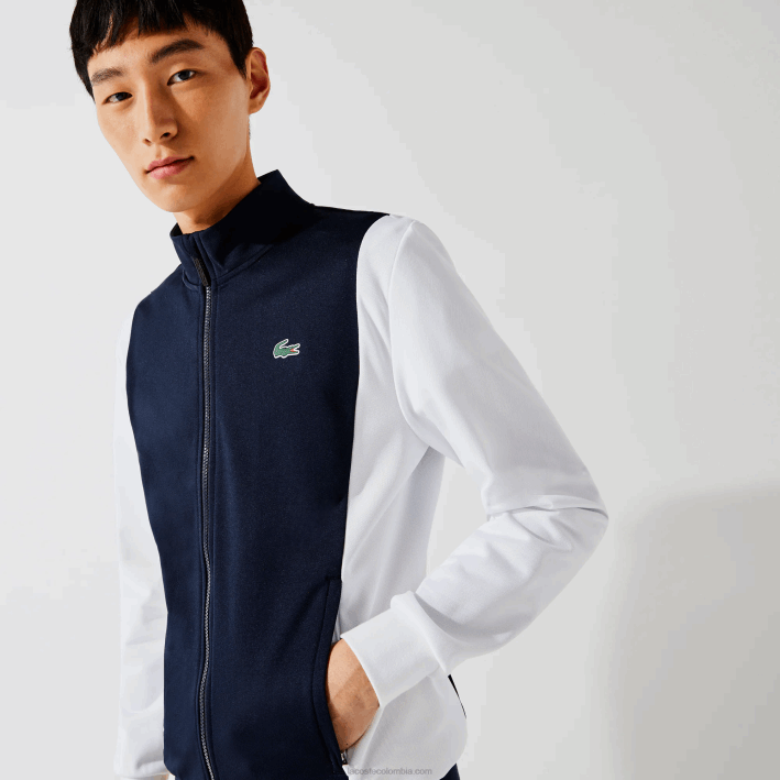 hombres Lacoste 6F241205 blanco azul marino r20 sudadera sport piqué cremallera