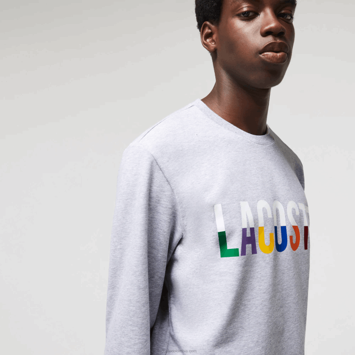 hombres Lacoste 6F241222 gris chino blanco w9d sudadera interior de felpa de algodón estampada