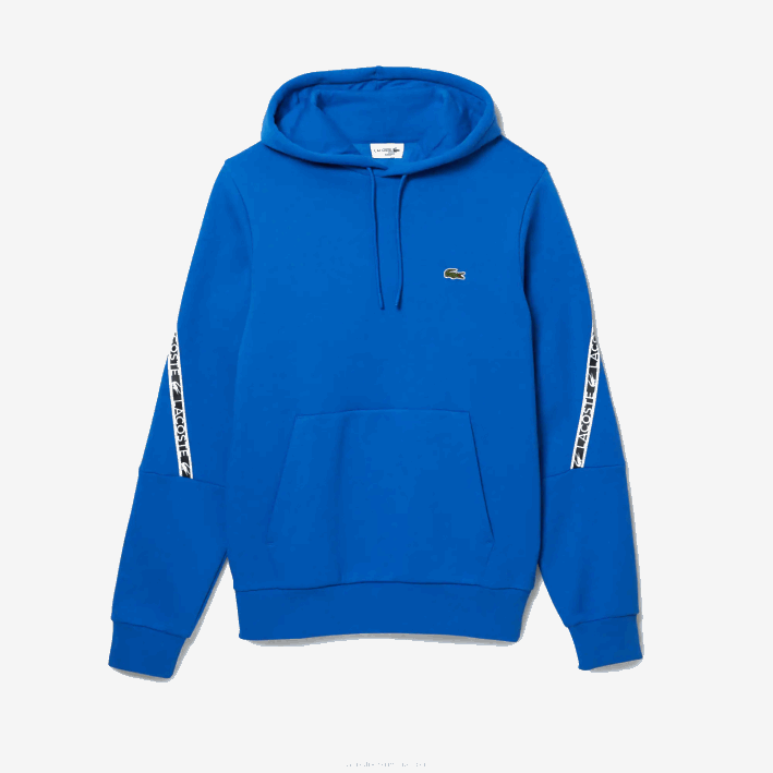 hombres Lacoste 6F241282 k1q azul sudadera con capucha y bandas estampadas de corte clásico