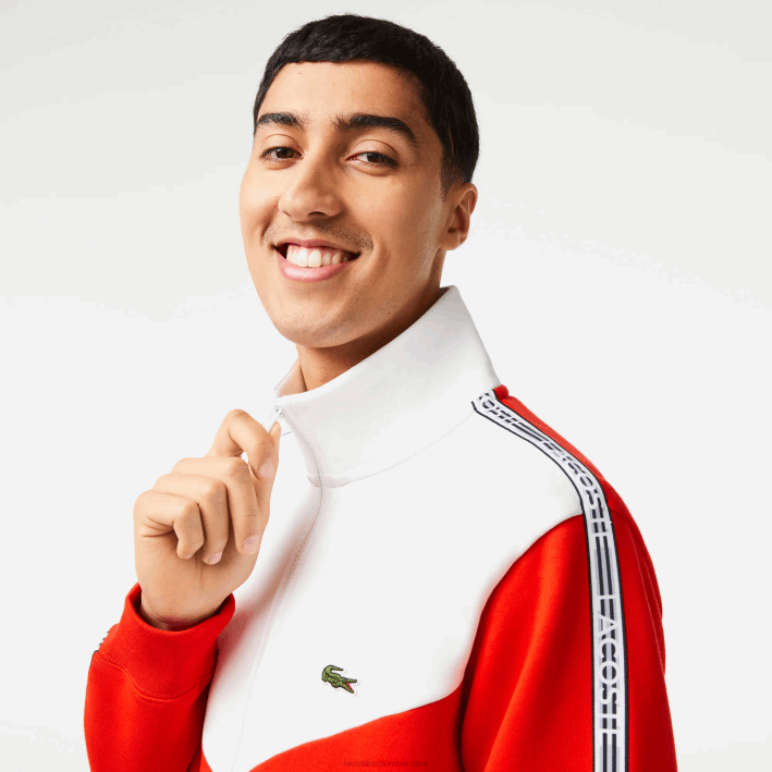 hombres Lacoste 6F2419 rojo blanco 75s sudadera de corte clásico con cremallera y bloques de color