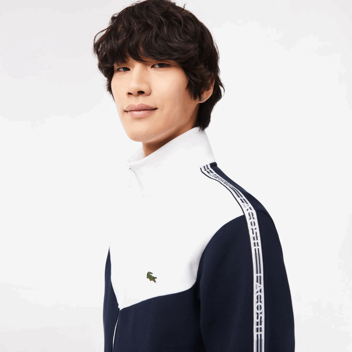 hombres Lacoste 6F2421 azul marino blanco 525 sudadera de corte clásico con cremallera y bloques de color