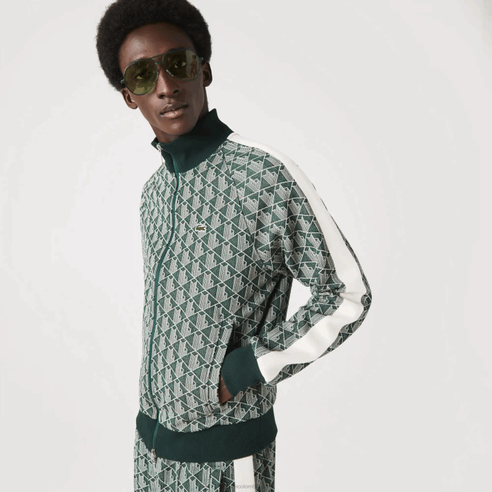 hombres Lacoste 6F24276 beige verde 7m4 sudadera regular fit con estampado de monograma y cremallera