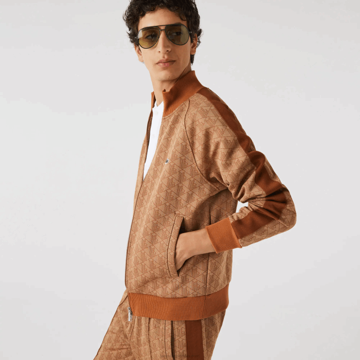 hombres Lacoste 6F24277 marrón beige zwm sudadera regular fit con estampado de monograma y cremallera