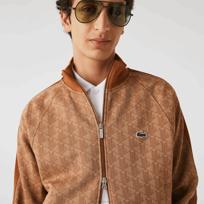 hombres Lacoste 6F24277 marrón beige zwm sudadera regular fit con estampado de monograma y cremallera