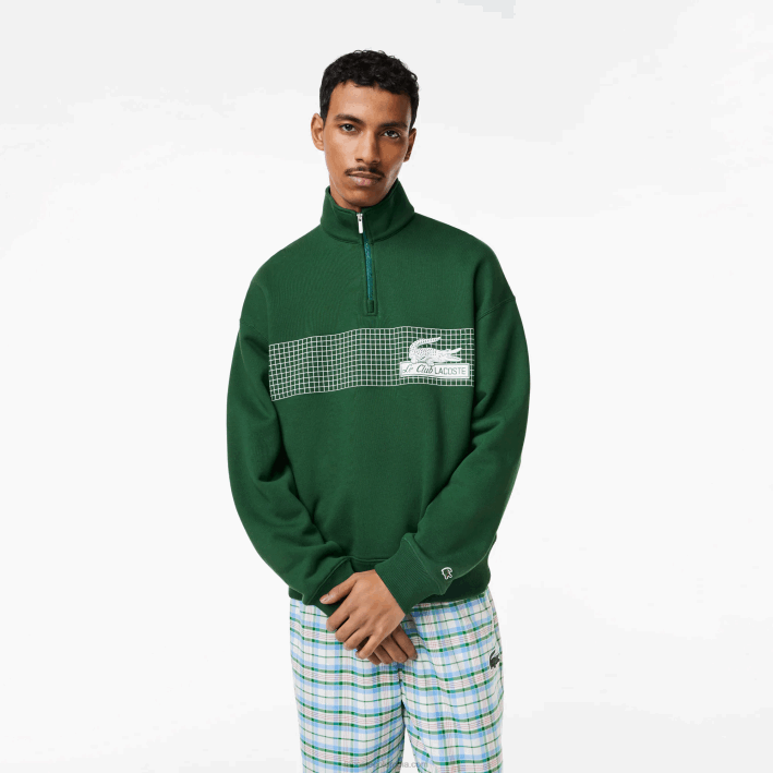 hombres Lacoste 6F24284 verde 132 sudadera holgada de algodón orgánico con cremallera en el cuello