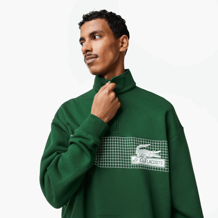hombres Lacoste 6F24284 verde 132 sudadera holgada de algodón orgánico con cremallera en el cuello