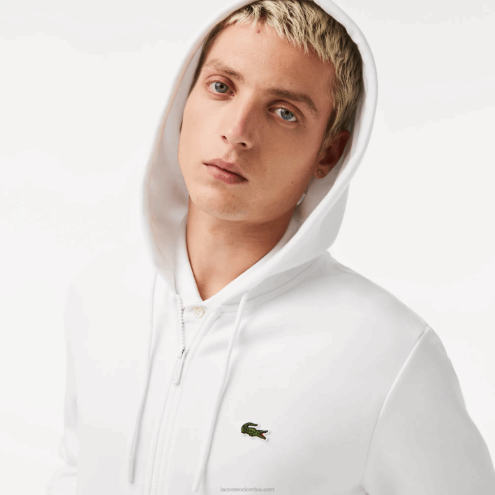 hombres Lacoste 6F24295 blanco 001 sudadera con cremallera y bolsillo canguro