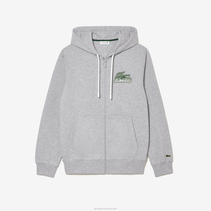 hombres Lacoste 6F24322 lomo gris cca sudadera con capucha y cremallera sin cepillar
