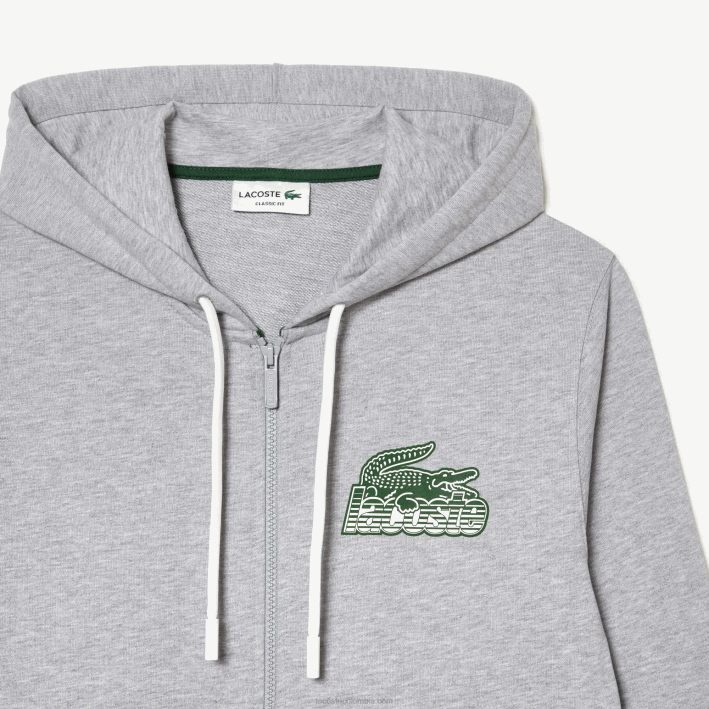hombres Lacoste 6F24322 lomo gris cca sudadera con capucha y cremallera sin cepillar