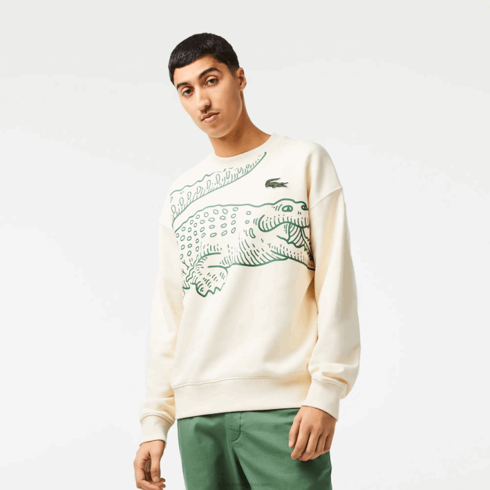 hombres Lacoste 6F24360 xfj blanco sudadera holgada con cuello redondo y estampado de cocodrilo
