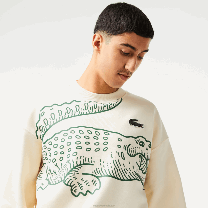 hombres Lacoste 6F24360 xfj blanco sudadera holgada con cuello redondo y estampado de cocodrilo