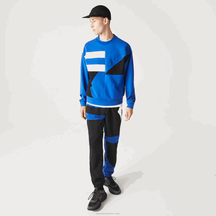 hombres Lacoste 6F24956 azul blanco nne sudadera holgada con efecto patchwork