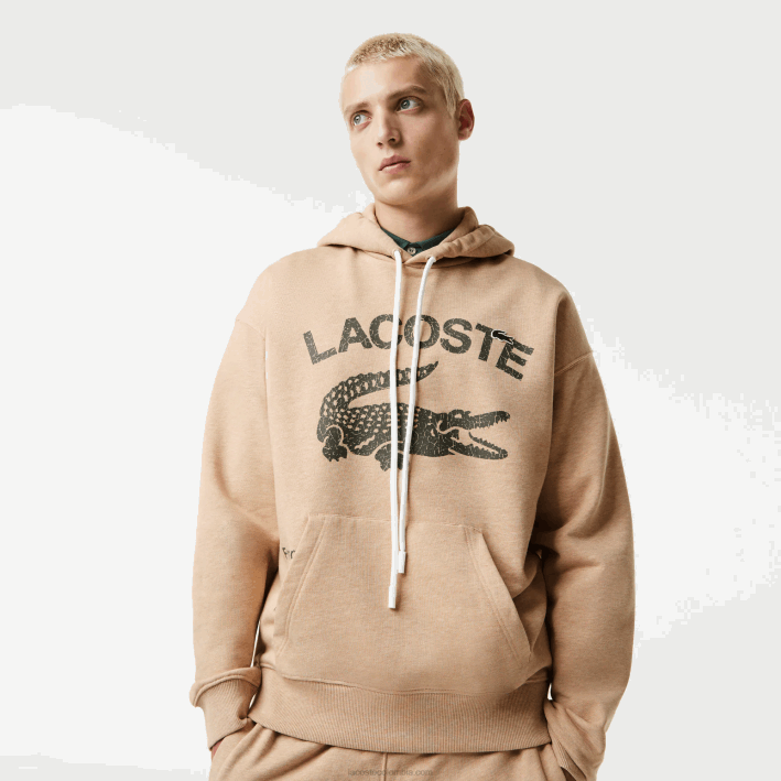 hombres Lacoste 6F24968 beis 4jw sudadera holgada con capucha y diseño de cocodrilo