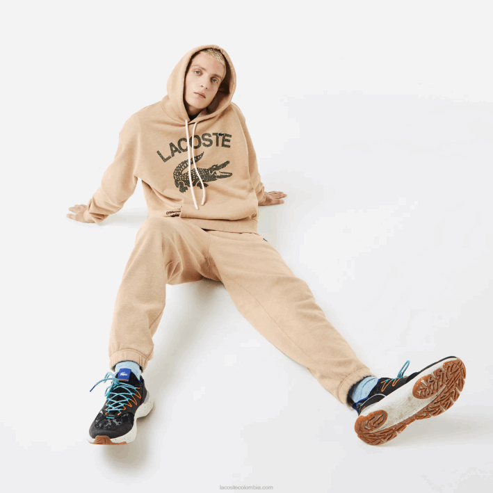 hombres Lacoste 6F24968 beis 4jw sudadera holgada con capucha y diseño de cocodrilo