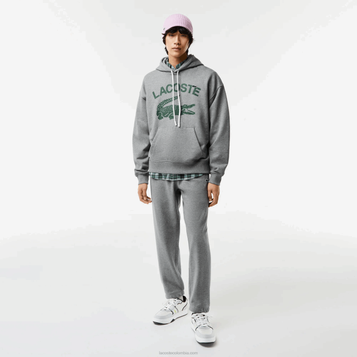 hombres Lacoste 6F24969 lomo gris yrd sudadera holgada con capucha y diseño de cocodrilo