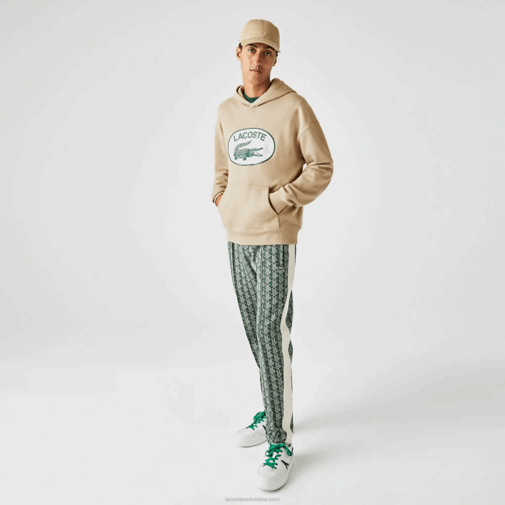 hombres Lacoste 6F24971 beige 02s sudadera holgada con monograma de la marca y capucha