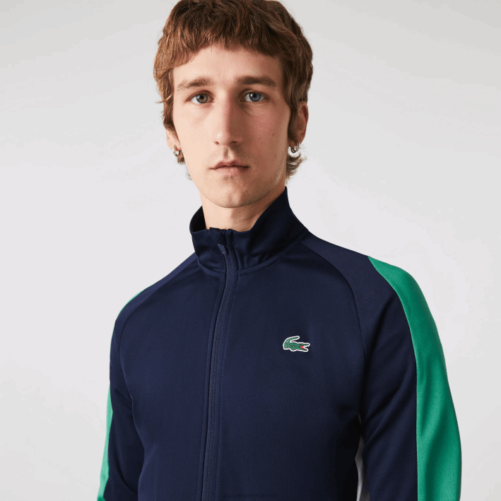 hombres Lacoste 6F24978 azul marino verde blanco yj2 sudadera sport classic fit tenis con cremallera