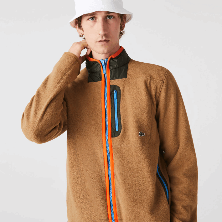 hombres Lacoste 6F24979 marrón caqui verde 89f sudadera de polar con cremallera y ajuste holgado