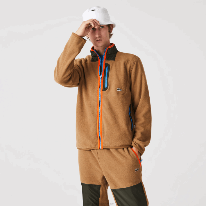 hombres Lacoste 6F24979 marrón caqui verde 89f sudadera de polar con cremallera y ajuste holgado