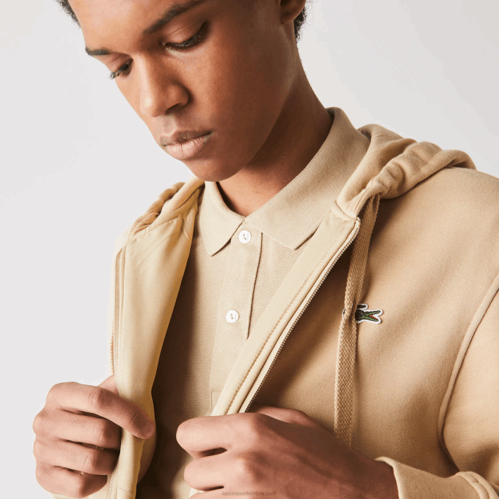 hombres Lacoste 6F24981 beige gp2 sudadera con capucha deportiva ligera de dos materiales