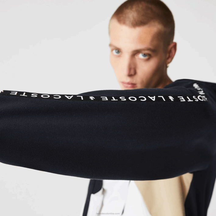 hombres Lacoste 6F24997 azul marino blanco beige e8t sudadera con capucha, cremallera y letras color block