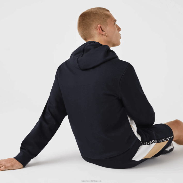 hombres Lacoste 6F24997 azul marino blanco beige e8t sudadera con capucha, cremallera y letras color block