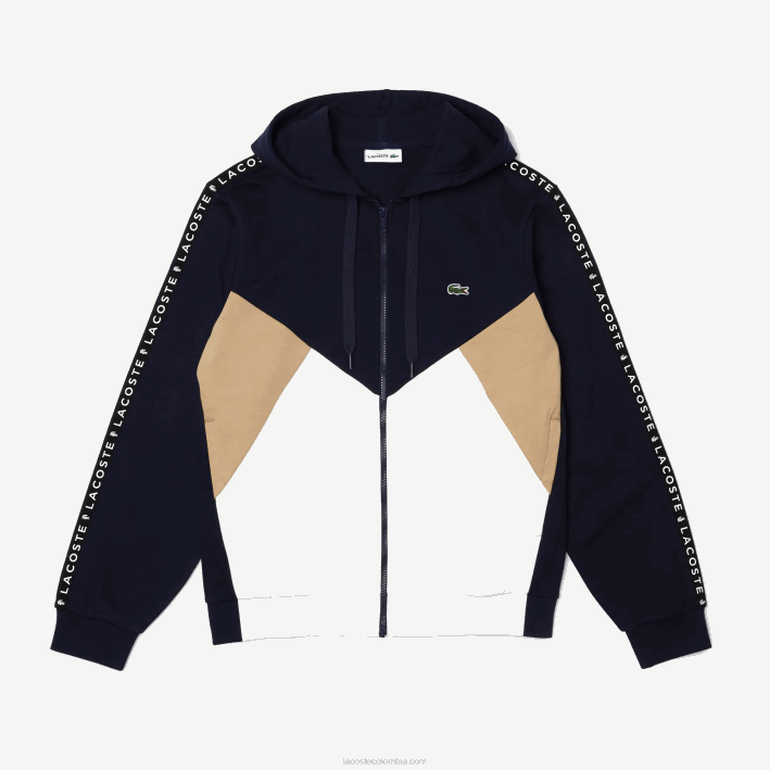 hombres Lacoste 6F24997 azul marino blanco beige e8t sudadera con capucha, cremallera y letras color block