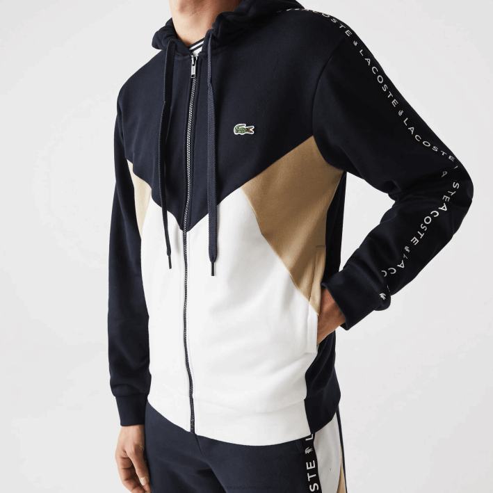 hombres Lacoste 6F24997 azul marino blanco beige e8t sudadera con capucha, cremallera y letras color block