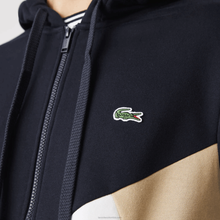 hombres Lacoste 6F24997 azul marino blanco beige e8t sudadera con capucha, cremallera y letras color block