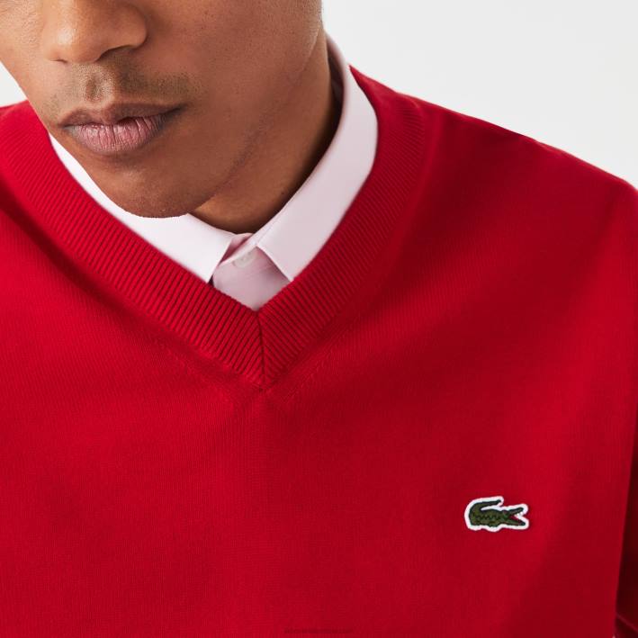hombres Lacoste 6F241324 rojo 240 jersey de algodón orgánico con cuello de pico