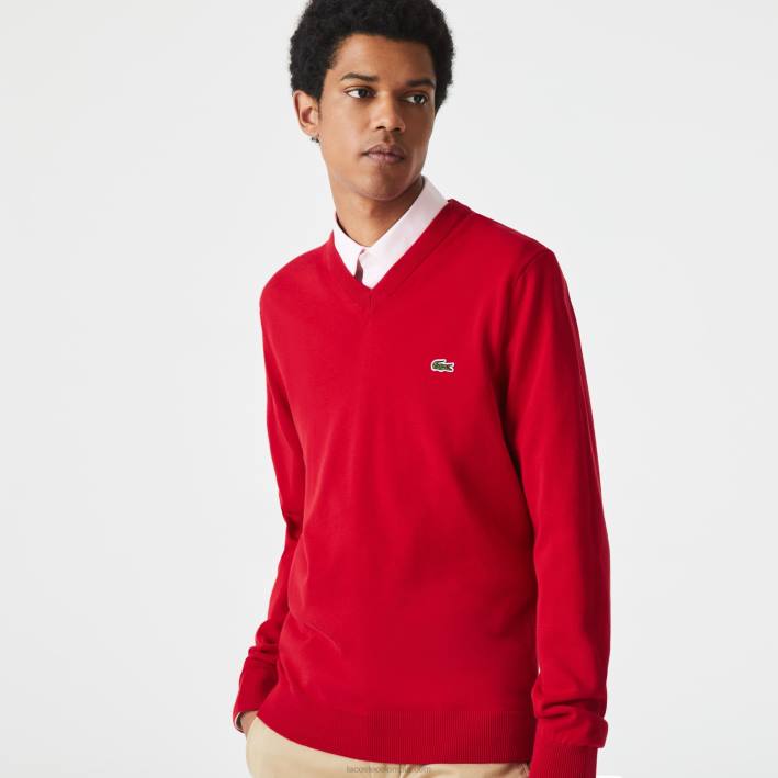hombres Lacoste 6F241324 rojo 240 jersey de algodón orgánico con cuello de pico