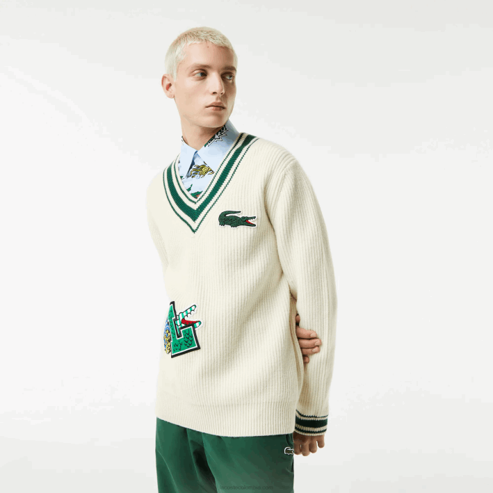hombres Lacoste 6F241377 blanco verde x0n suéter con insignia de cómic hombres Lacoste 6F241377 blanco verde x0n suéter con insignia de cómic