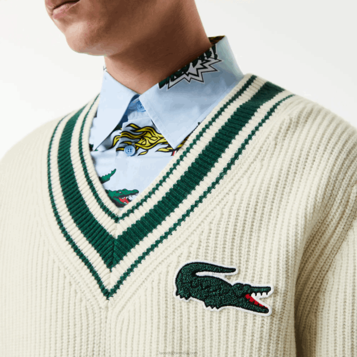 hombres Lacoste 6F241377 blanco verde x0n suéter con insignia de cómic