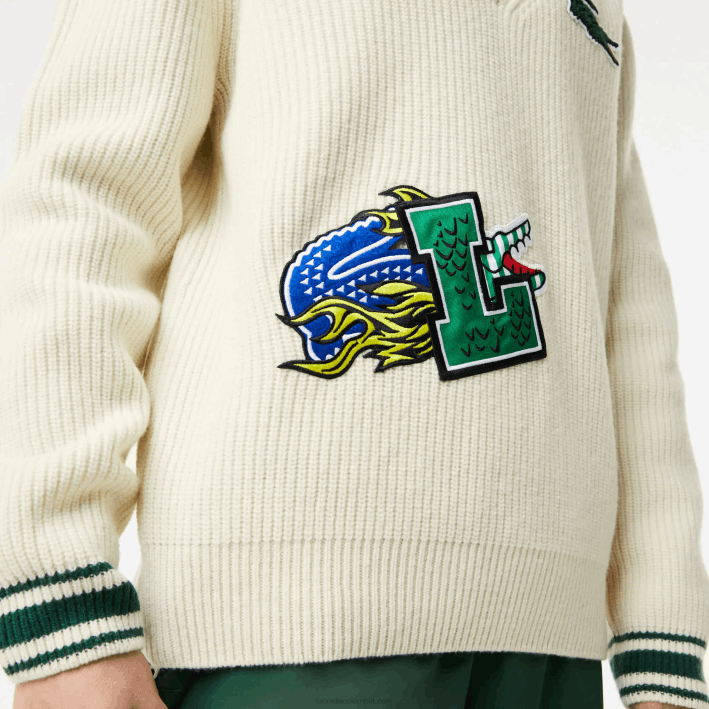 hombres Lacoste 6F241377 blanco verde x0n suéter con insignia de cómic