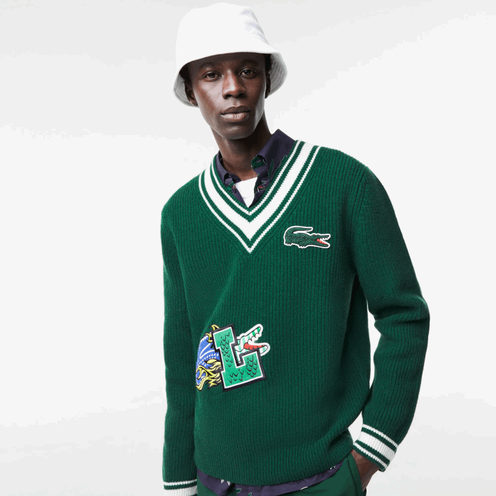 hombres Lacoste 6F241379 año blanco verde suéter con insignia de cómic hombres Lacoste 6F241379 año blanco verde suéter con insignia de cómic