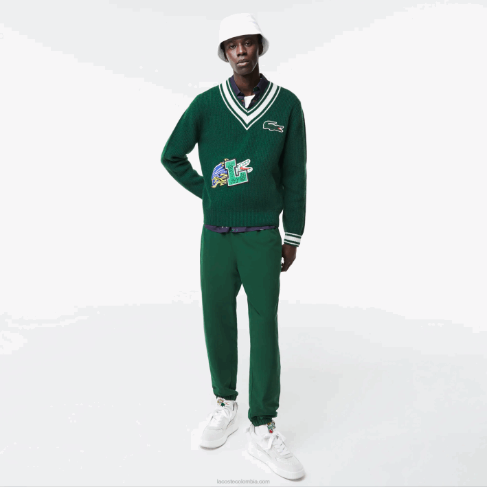 hombres Lacoste 6F241379 año blanco verde suéter con insignia de cómic