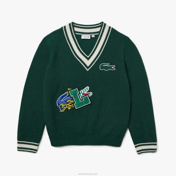hombres Lacoste 6F241379 año blanco verde suéter con insignia de cómic