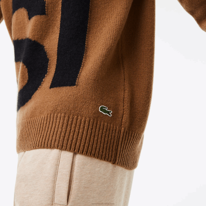 hombres Lacoste 6F241448 marrón negro xp9 suéter de lana con letras en contraste de corte clásico