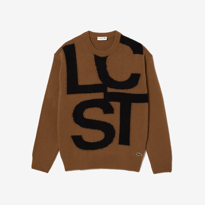 hombres Lacoste 6F241448 marrón negro xp9 suéter de lana con letras en contraste de corte clásico