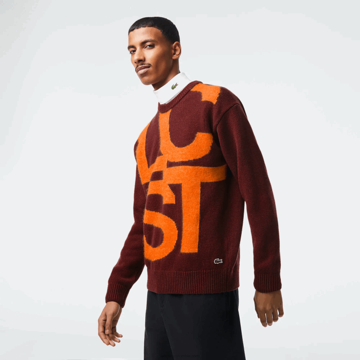 hombres Lacoste 6F241449 burdeos naranja 7h7 suéter de lana con letras en contraste de corte clásico