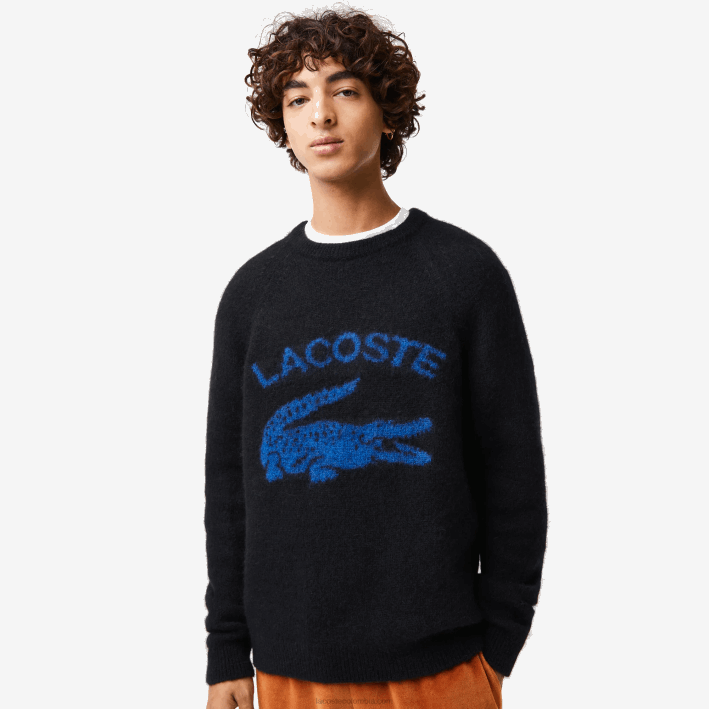 hombres Lacoste 6F241464 negro azul 985 jersey de alpaca en mezcla de cocodrilo en contraste con la marca