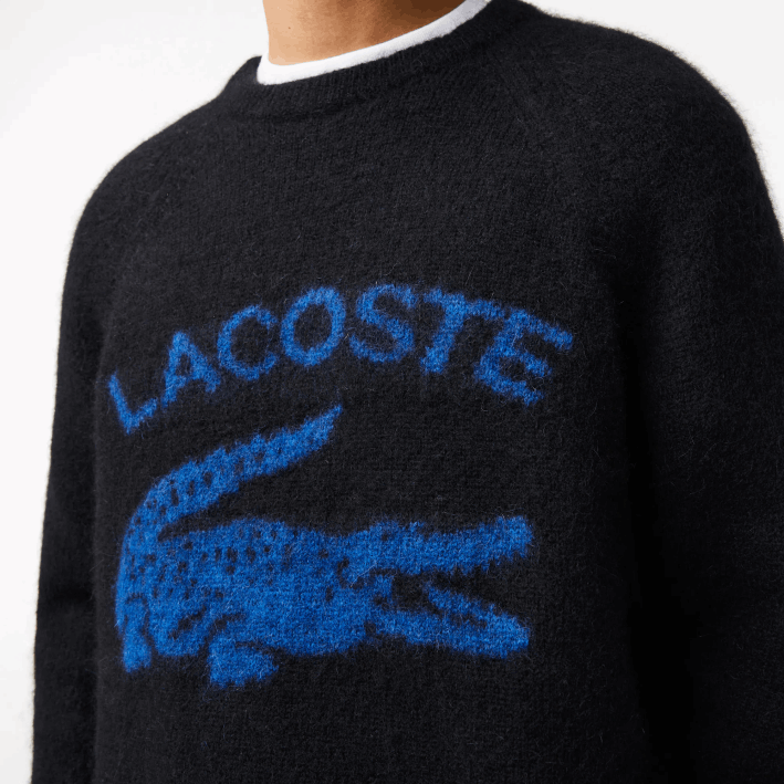 hombres Lacoste 6F241464 negro azul 985 jersey de alpaca en mezcla de cocodrilo en contraste con la marca