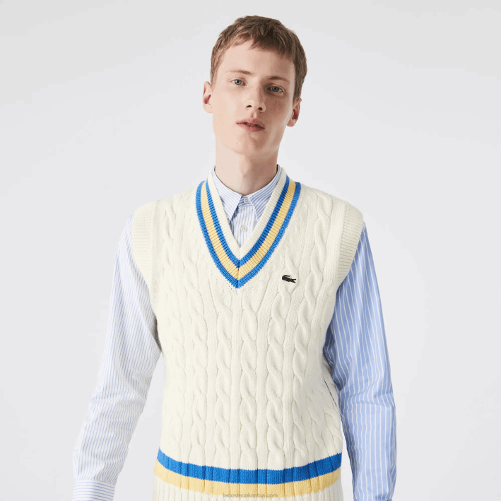 hombres Lacoste 6F241471 blanco amarillo azul 7mz chaleco de lana de ajuste clásico